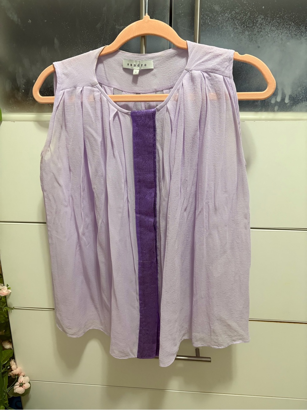 sandro Lavender Sleeveless Pleated Camisole with Deep Purple Center Stripe